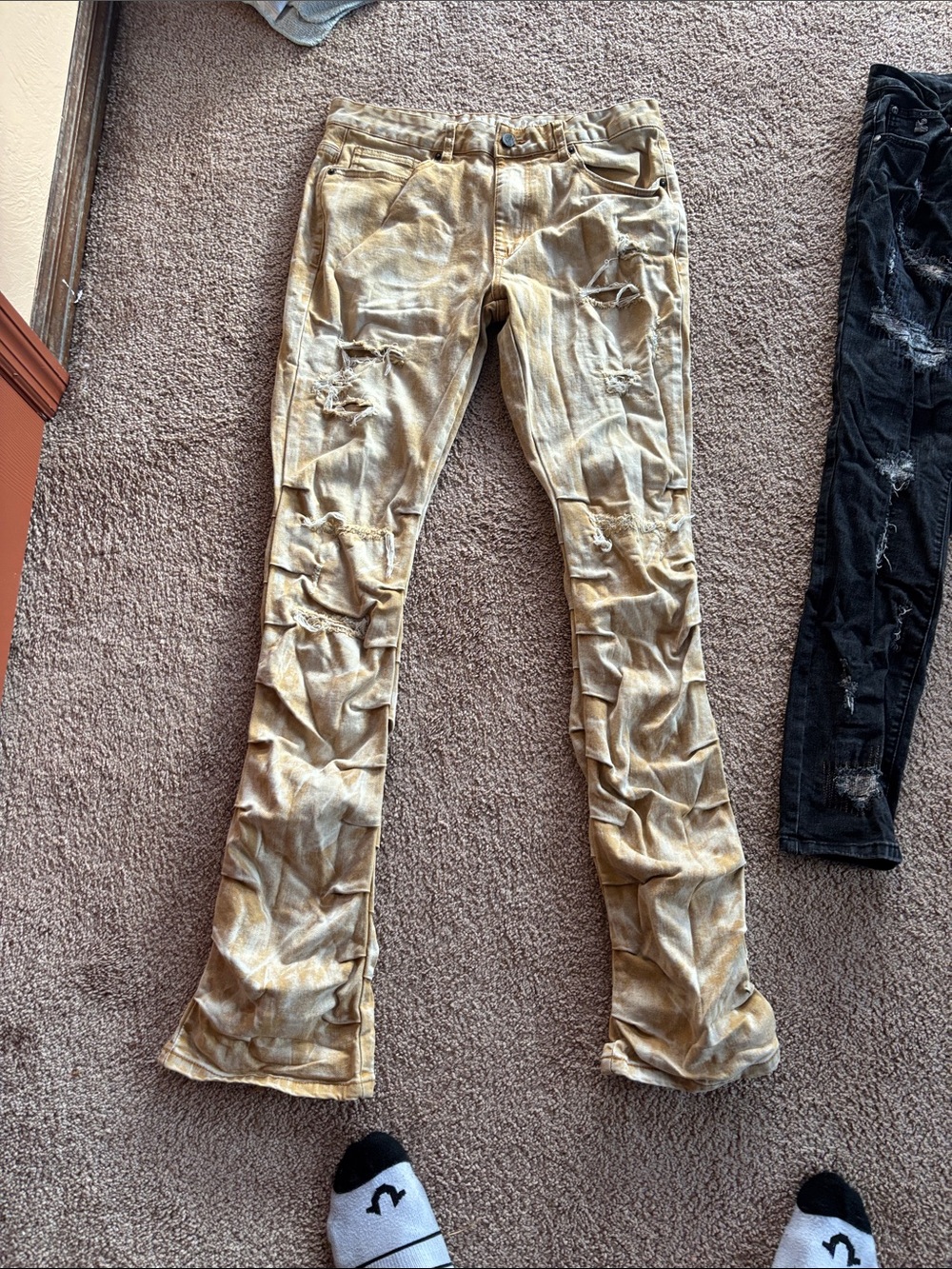 Men's Tan Distressed Bootcut Jeans